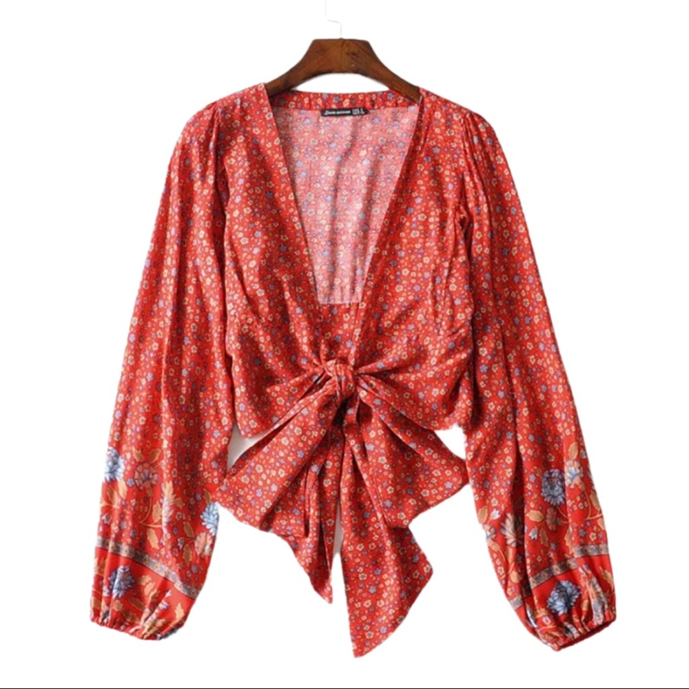 Boho Floral Print Gypsy Crop Top Tied Long Sleeve - Picture 15 of 16